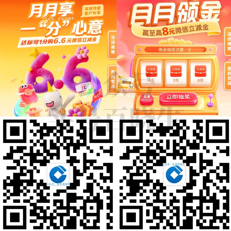 限深圳建.行 两个得立减jin内容 保存图片 到APP打开即可 - 1️⃣月月享 付0.01领6.6亓 2️⃣月月领金 付0.01抽2～8亓 ​